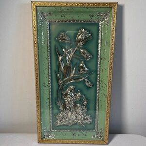 vintage"Spring" Metalcraft picture. 3D embossed silver metal floral tulip design